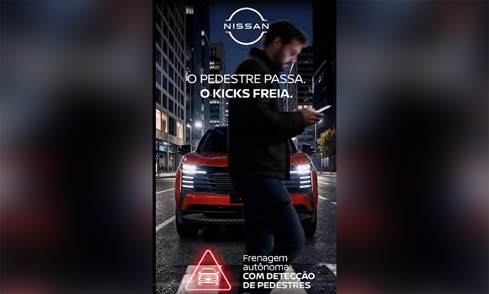 Imagem do painel urbano que será interativo em São Paulo para demonstrar Nissan Kicks em movimento parar ao passar uma pessoa na sua frente