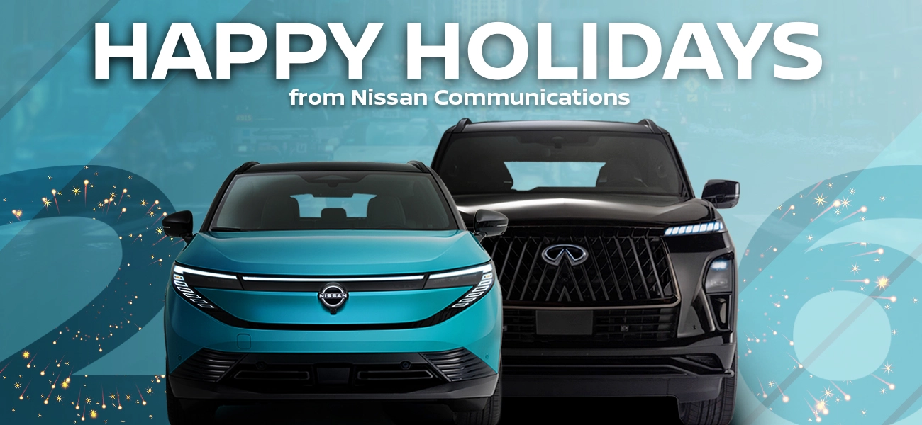 A blue graphic with a Nissan vehicle and 2026 listed in a holiday format.