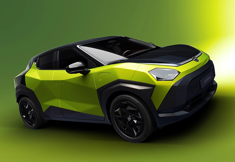 3/4-Frontansicht des neuen Nissan Juke in grün-gelb mit schwarz kontrastierenden Akzenten, vor einem gelb-grünen Studiohintergrund
