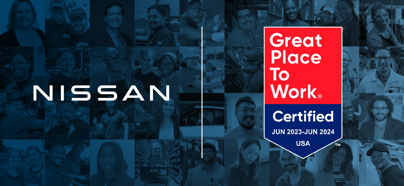 A collage of images of people in the background with accompanying phrase that says "Grest place to work".