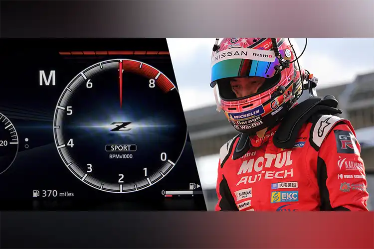 Una imagen de un tacómetro y un conductor con casco rojo.