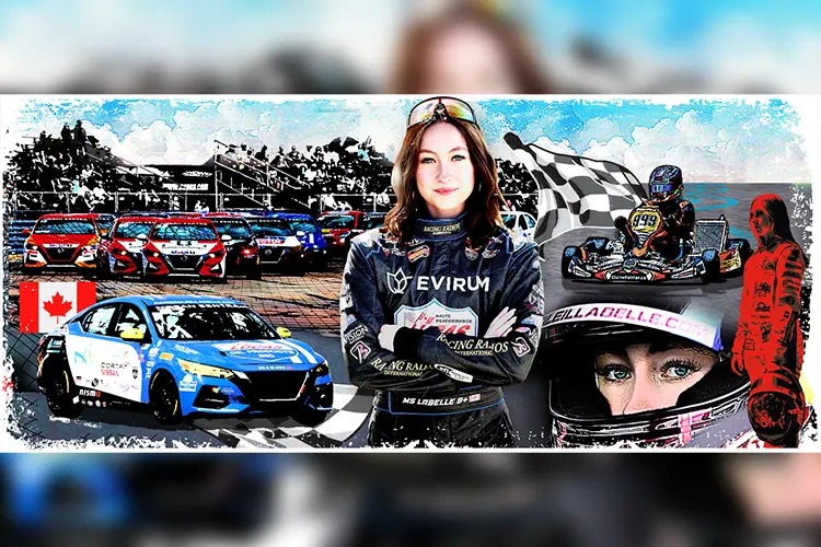 Un collage illustré de Marie Soleil avec diverses images de course, y compris les voitures de course Nissan Sentra, Marie faisant la course en karting et un drapeau canadien.
