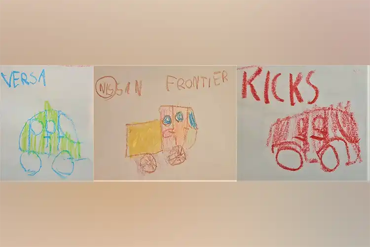 Un collage de dibujos infantiles de Nissan Versa, Frontier y Kicks.