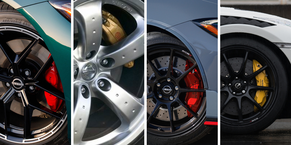 A collage of Nissan wheel with the brake calipers showing.