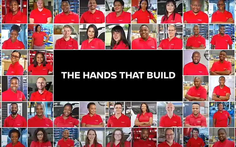 'The Hands That Build' collage featuring faces of Nissan employees