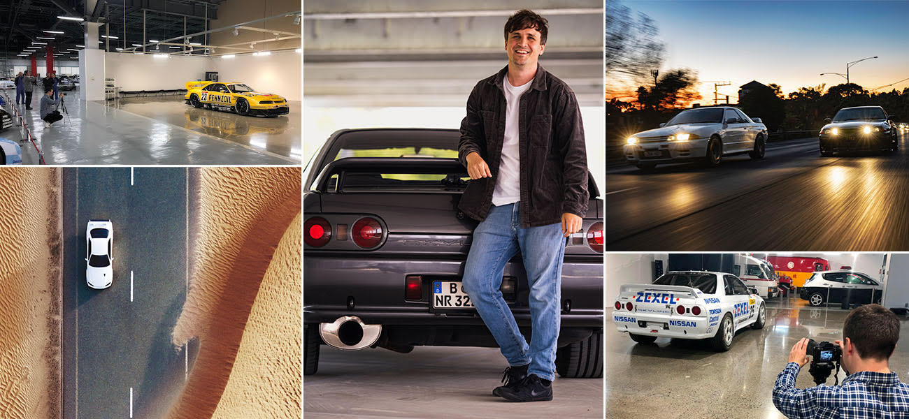 A collage of various kinds of Nissan GT-Rs.