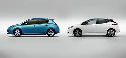 Side view of one blue car and one white car with white background