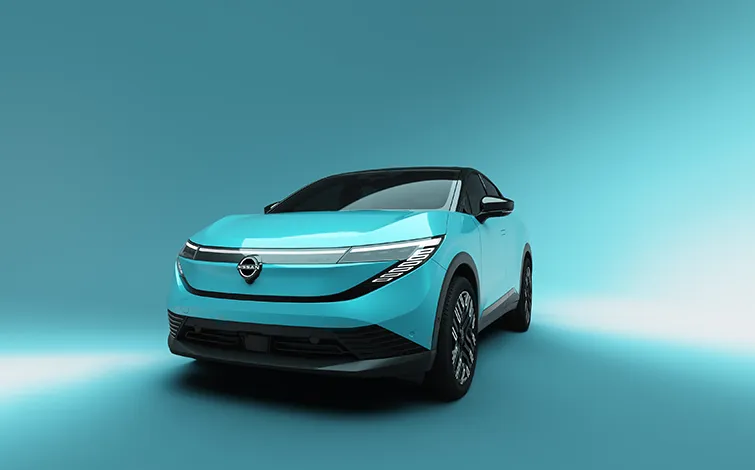 All-new Nissan LEAF: Turquoise-colored body. Left front angle. Background is the same color.