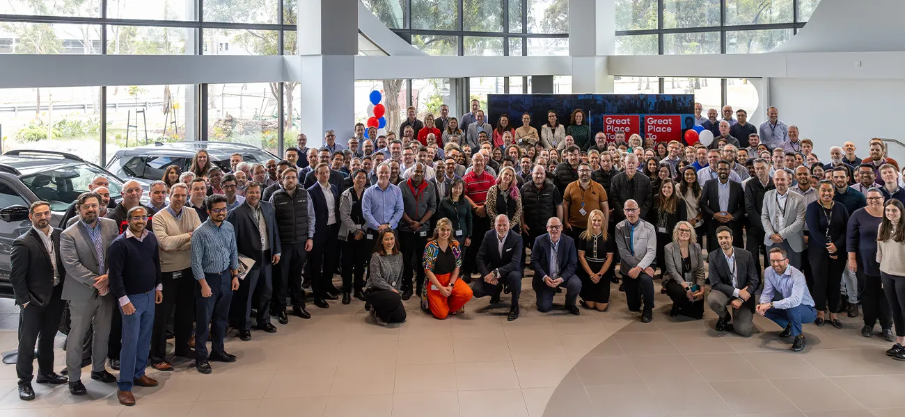 Group shot of all staff at Nissan Australia at the Nissan Australia Mulgrave HQ