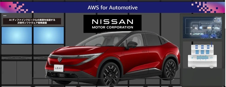 自動車向けAWSの展示スライド。中央に赤い日産の車両が右向きに配置され、上部に「AWS for Automotive」と「NISSAN MOTOR CORPORATION」の表示がある。灰色の背景にモニター画面やシステム図が配置されている。