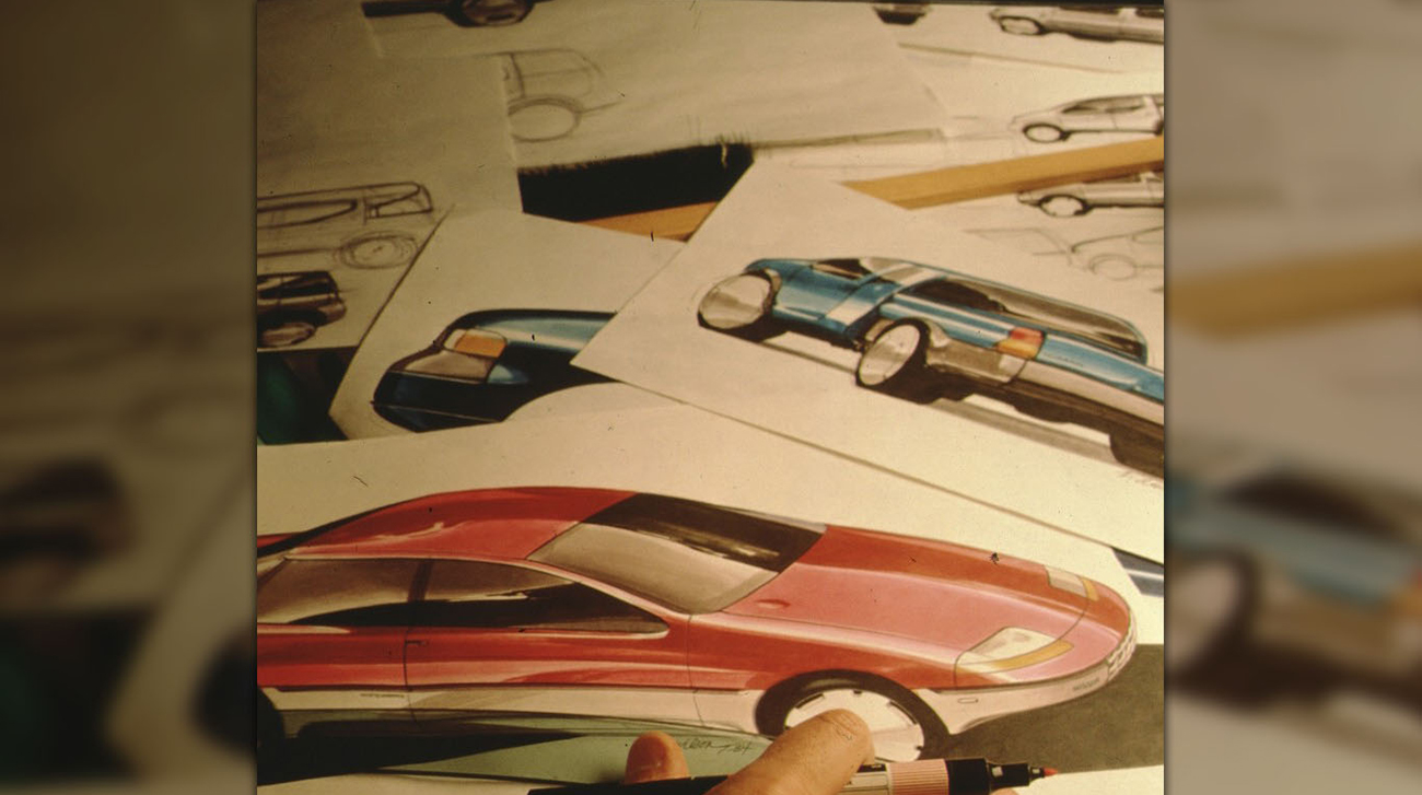Rendering sketches of various cars in different color.