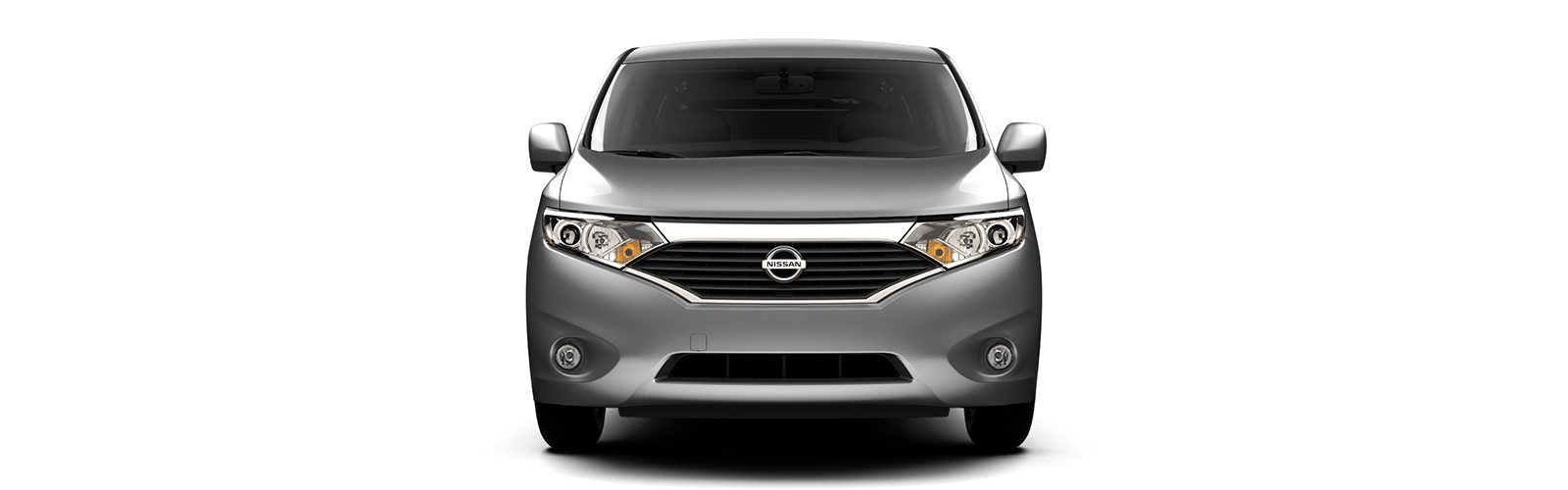 Front view a silver Nissan Quest with tinted windows.