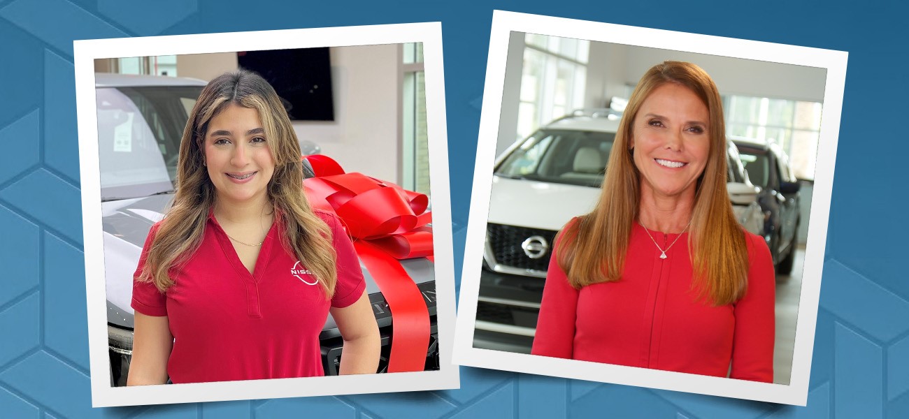 The headshots of Ramirez and Vaden in a photo collage. They are both wearing red and standing in front of a Nissan car.