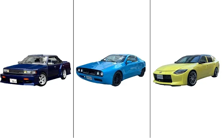 白い背景日産・自動車大学校の学生が製作した３台のカスタマイズカー。左から「ブルーバード・極」、「NEO SKYLINE」、「Z Lealia」