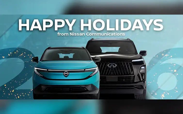 A blue graphic with a Nissan vehicle and 2026 listed in a holiday format.