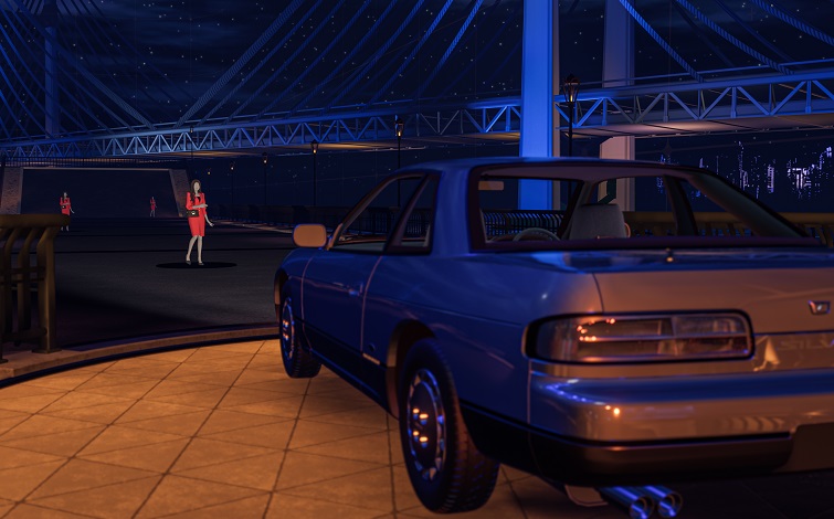 Simulator of appearance based on fashion color (woman in red dress) using Nissan Silvia (background is Bay Bridge at night)