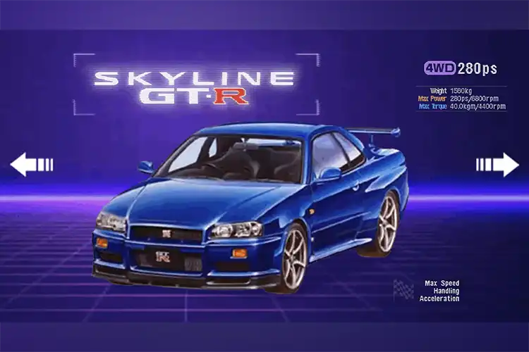 A gif of a Skyline GT-R game screen. The GT-R is indigo and placed on a purple virtual tile background.