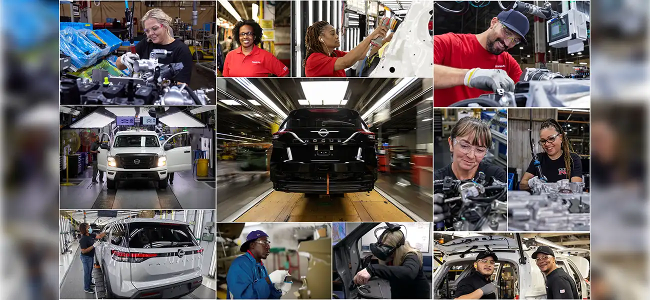 A collage of images of cars and people taken in manufacturing plants.