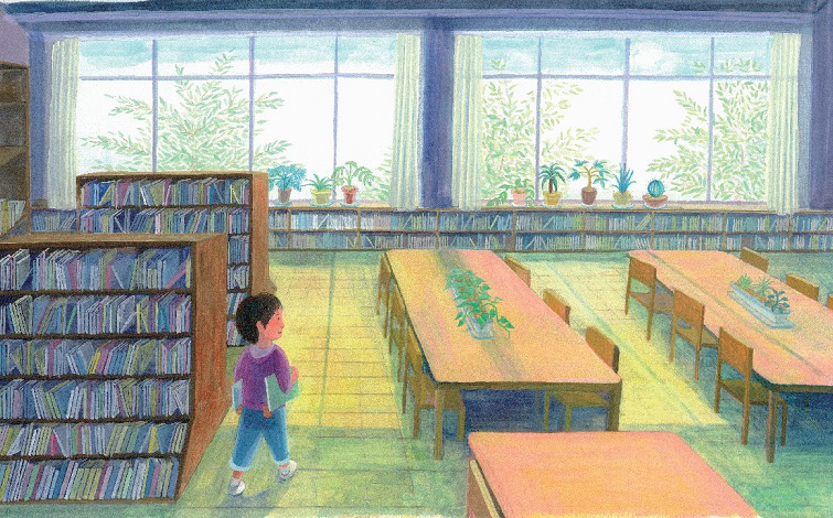 An illustration from the Grand Prize-winning picture book "Uragawa". A child enters a library where light shines in through the window.