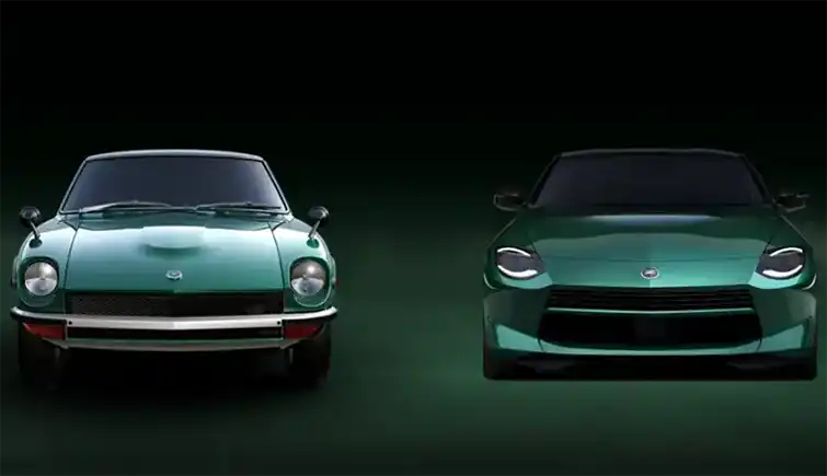 A Datsun 240Z and Nissan Z with green virtual flooring beneath them