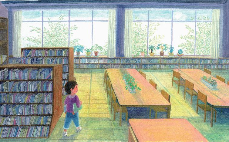 An illustration from the Grand Prize-winning picture book "Uragawa". A child enters a library where light shines in through the window.