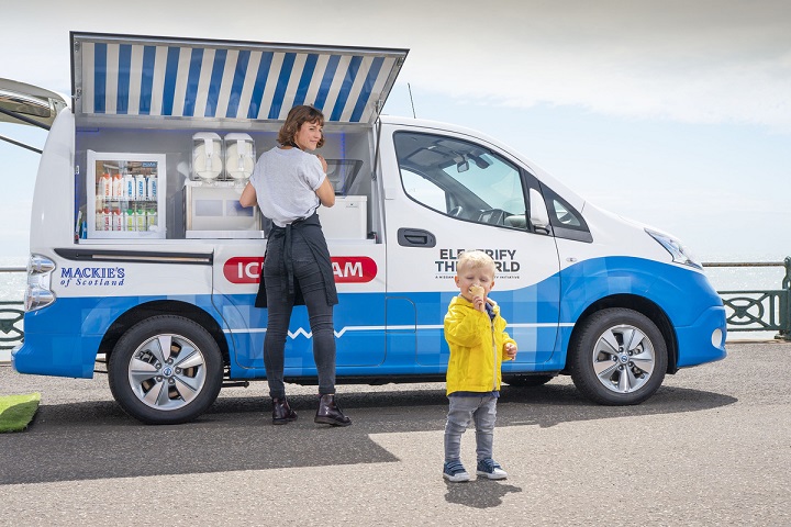 señora y niño a lado de una van eléctrica de helados