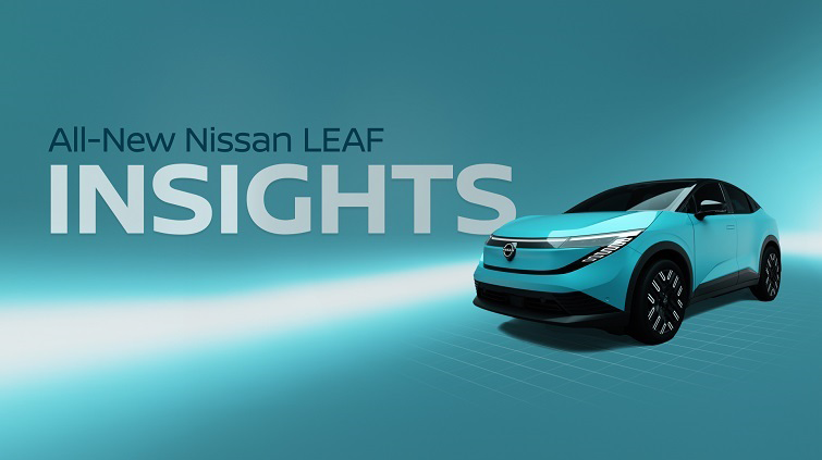 Text stating “All-New Nissan LEAF INSIGHTS, against a blue background with front three-quarter image of the vehicle
