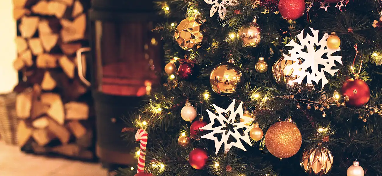 A Christmas tree in front of a fireplace.